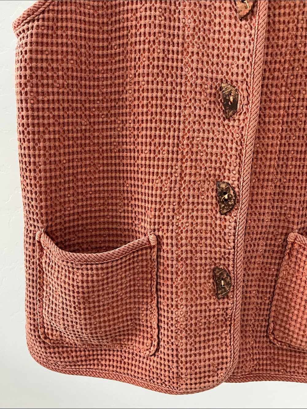 Focus Preshrunk Vintage Waffle Knit Sleeveless Vest Orange Half Moon Buttons SM - Picture 2 of 7